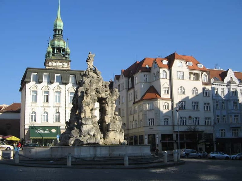 Brno: Historic Downtown Walking Tour - Vegetable Market above underground corridors, Parnassus Fountain, and Reduta Theatre